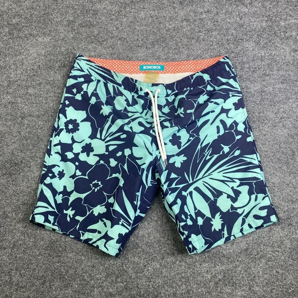 Bonobos Mens 9 Inch Swim Trunks Blue Mint Green Tropical Floral Shorts Size M
